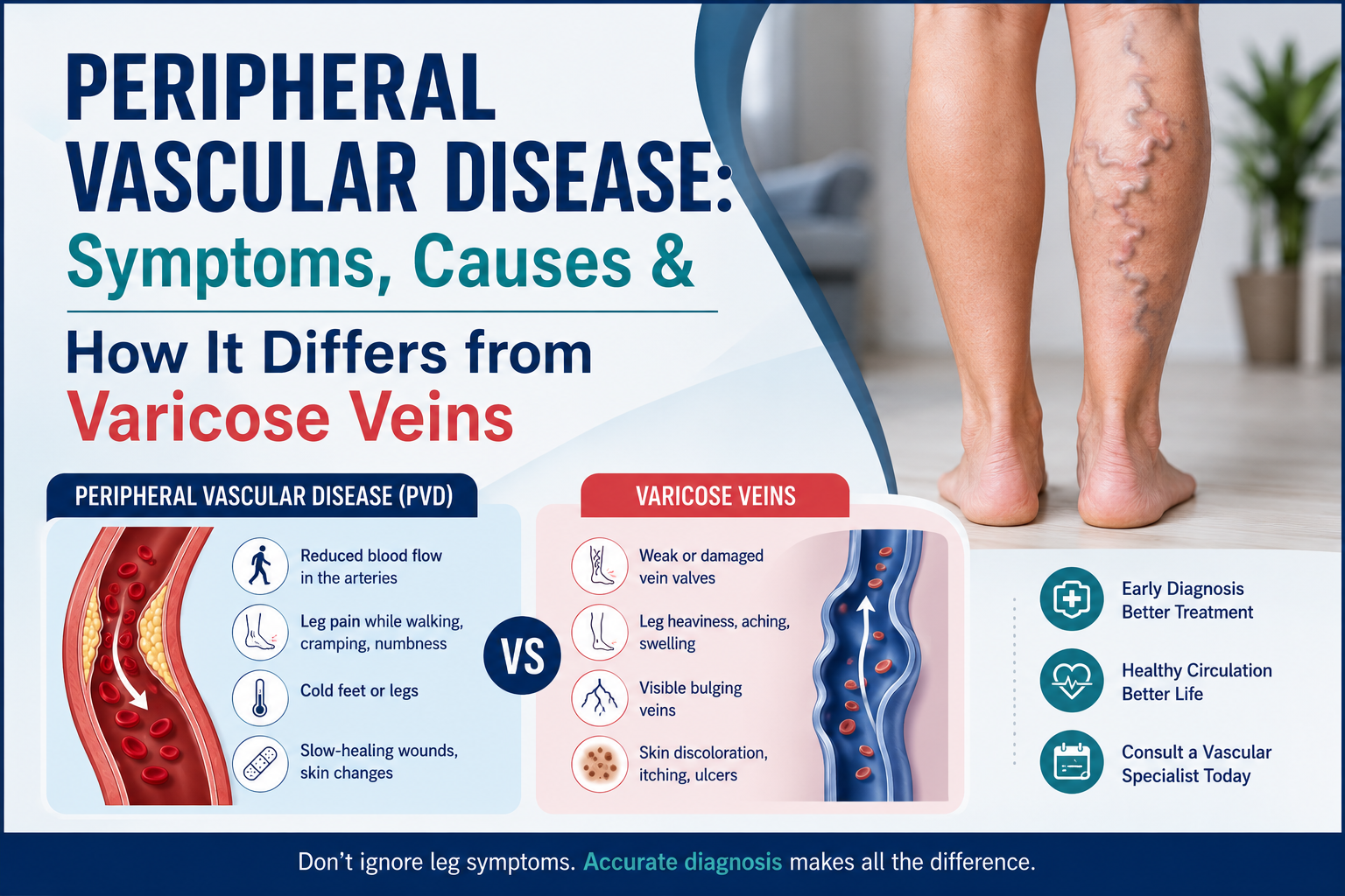 Peripheral vascular disease compared with varicose veins showing differences in arterial and venous circulation.